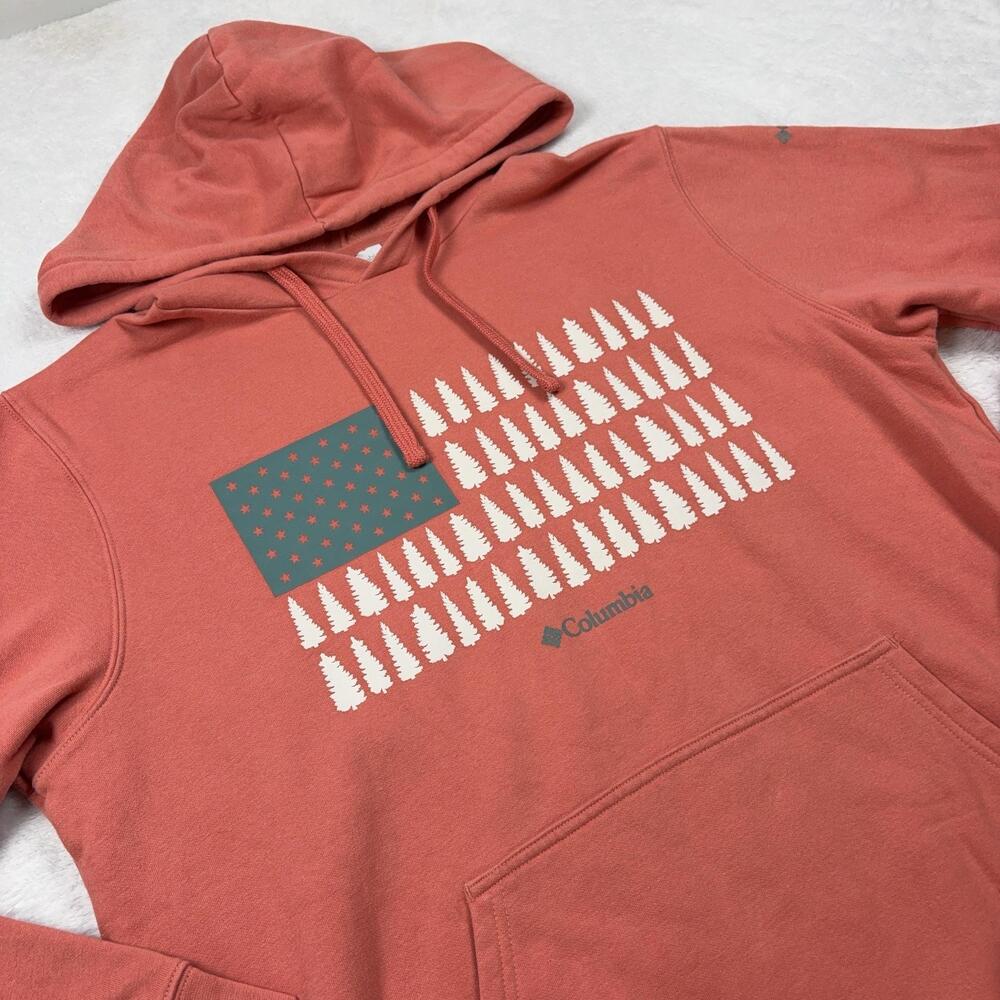 Columbia Hoodie Pullover Men L Orange Graphic Print USA Trees Hooded Pockets